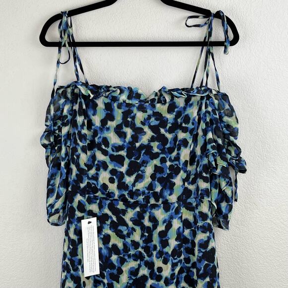 Topshop Frill Bardot Tie Off Shoulder Blue Leopard Animal Mini Dress 14 NWT - Picture 8 of 13